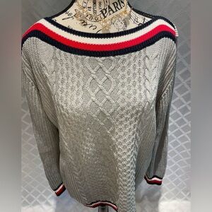 Tommy Hilfiger Gray Cable Knit Boatneck Sweater with Red Accents Size Large